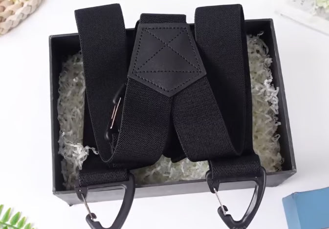 Men's 4-Clip Suspenders, X Type, Wide Suspenders, Men's Black, Leather, Suspenders