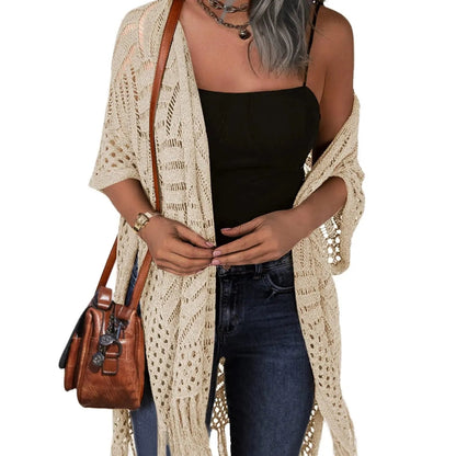 🌸Women’s Oversized Knit Cardigan – Lightweight Crochet Tassel Kimono for Spring & Summer