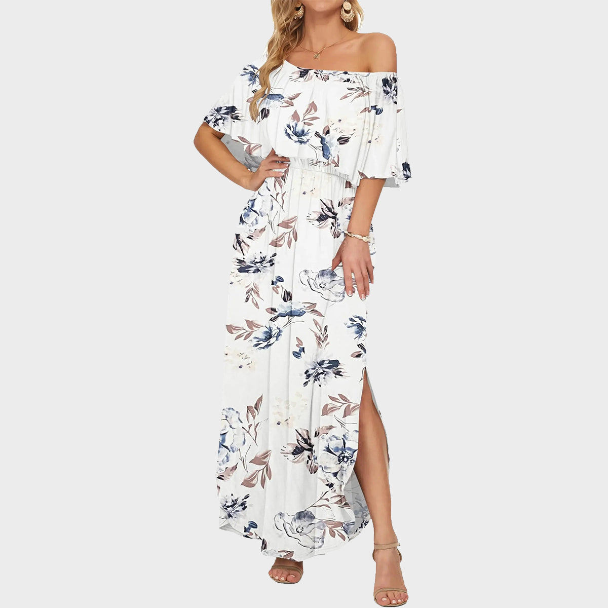 💃Women's Off-Shoulder Ruffled Side-Slit Maxi Dress with Pockets