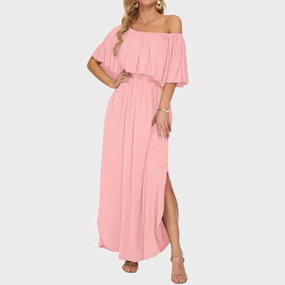 💃Women's Off-Shoulder Ruffled Side-Slit Maxi Dress with Pockets