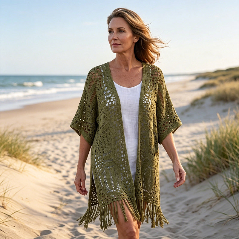 🌸Women’s Oversized Knit Cardigan – Lightweight Crochet Tassel Kimono for Spring & Summer