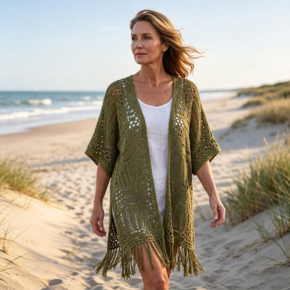 🌸Women’s Oversized Knit Cardigan – Lightweight Crochet Tassel Kimono for Spring & Summer