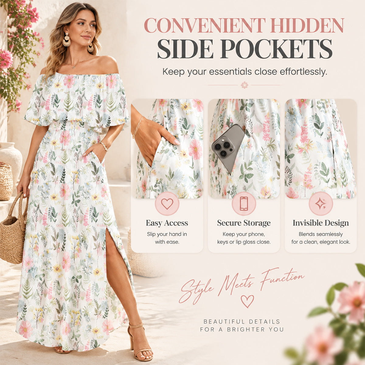 💃Women's Off-Shoulder Ruffled Side-Slit Maxi Dress with Pockets