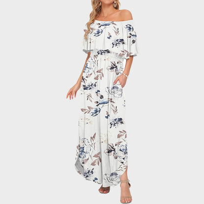 💃Women's Off-Shoulder Ruffled Side-Slit Maxi Dress with Pockets