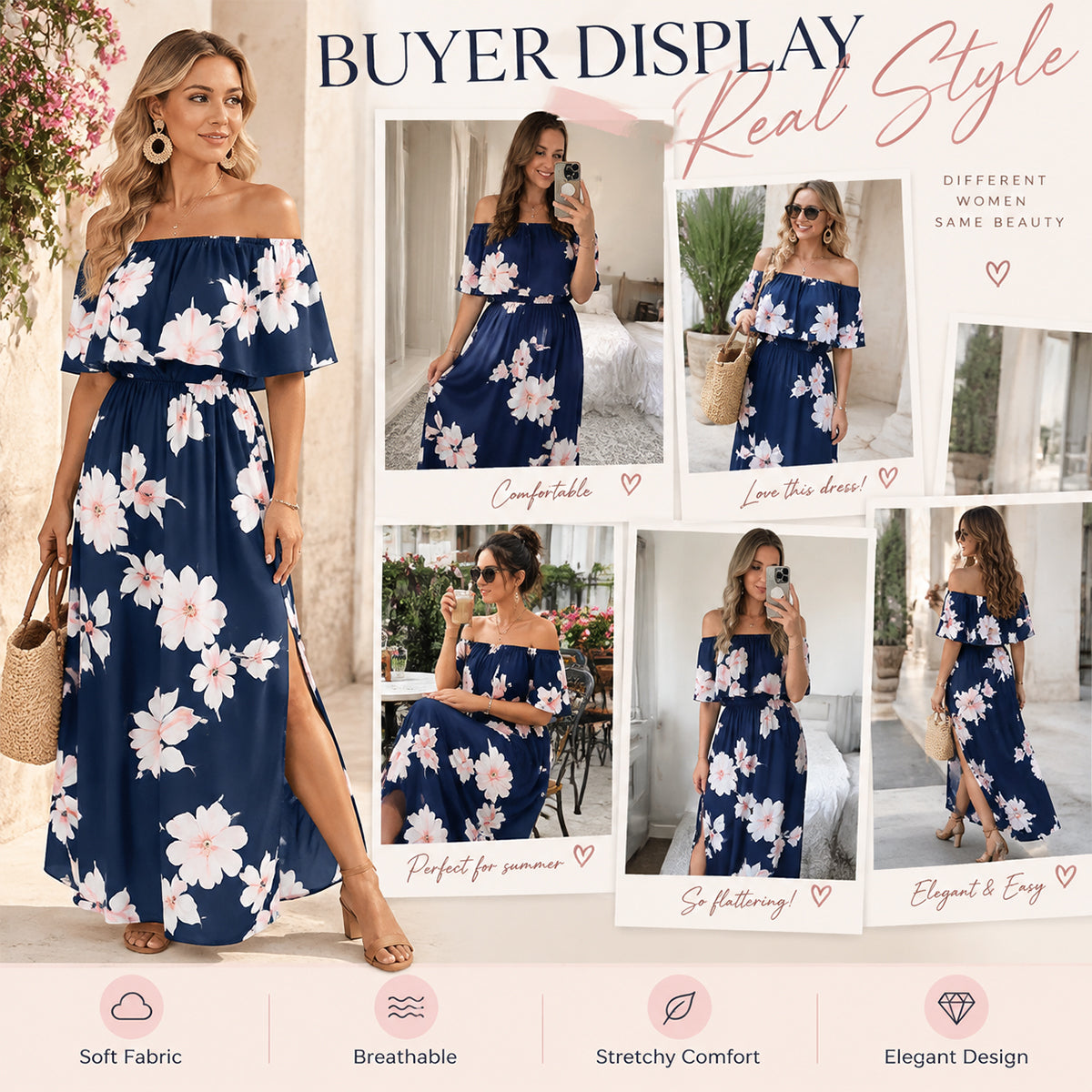 💃Women's Off-Shoulder Ruffled Side-Slit Maxi Dress with Pockets