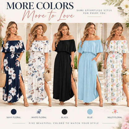 💃Women's Off-Shoulder Ruffled Side-Slit Maxi Dress with Pockets