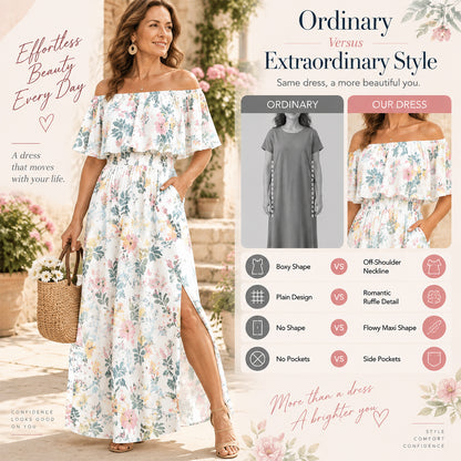 💃Women's Off-Shoulder Ruffled Side-Slit Maxi Dress with Pockets