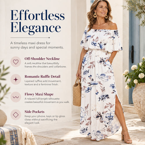 💃Women's Off-Shoulder Ruffled Side-Slit Maxi Dress with Pockets