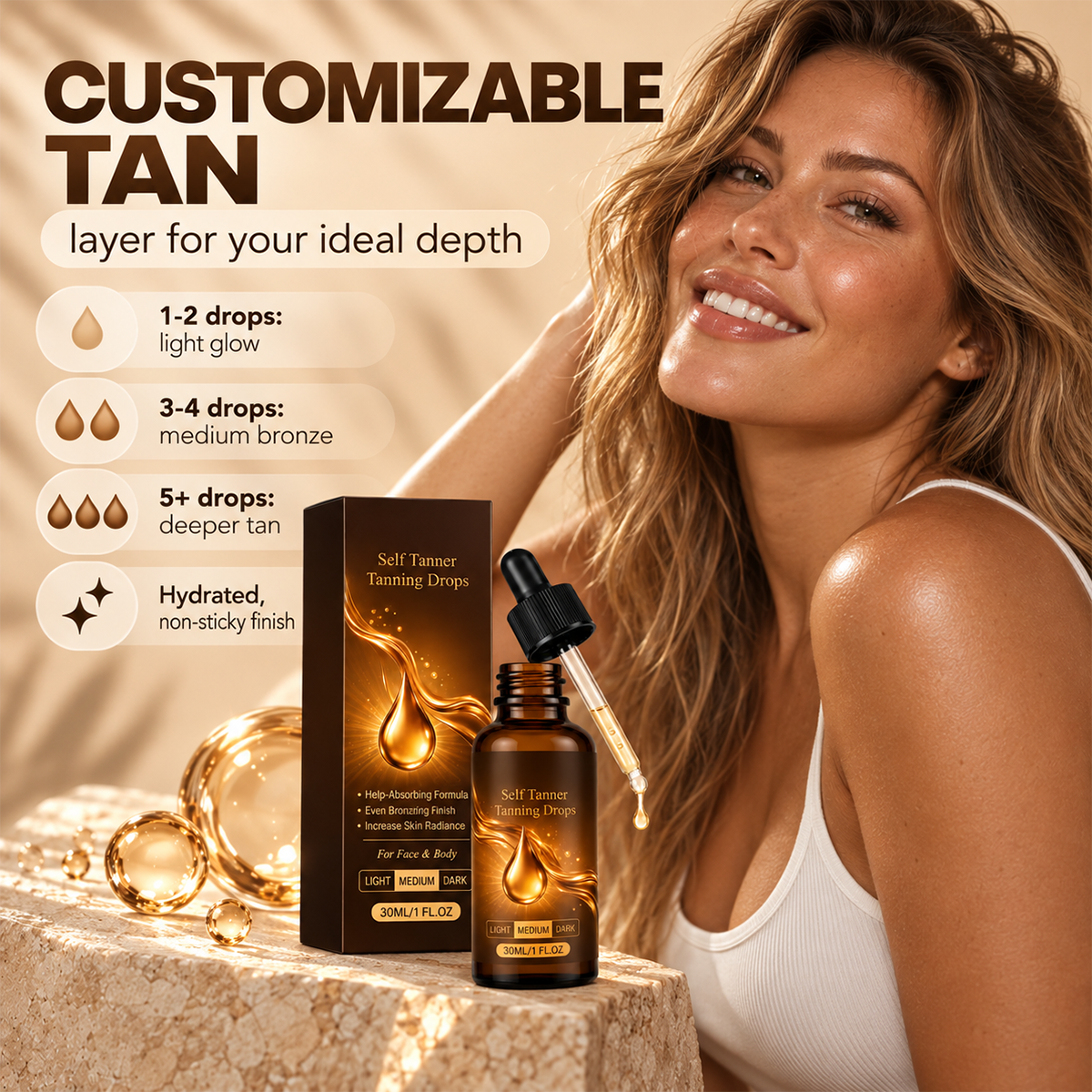 Sun‐Free Self‐Tanning Drops ☀️Get Natural Bronze Tan Without UV Exposure