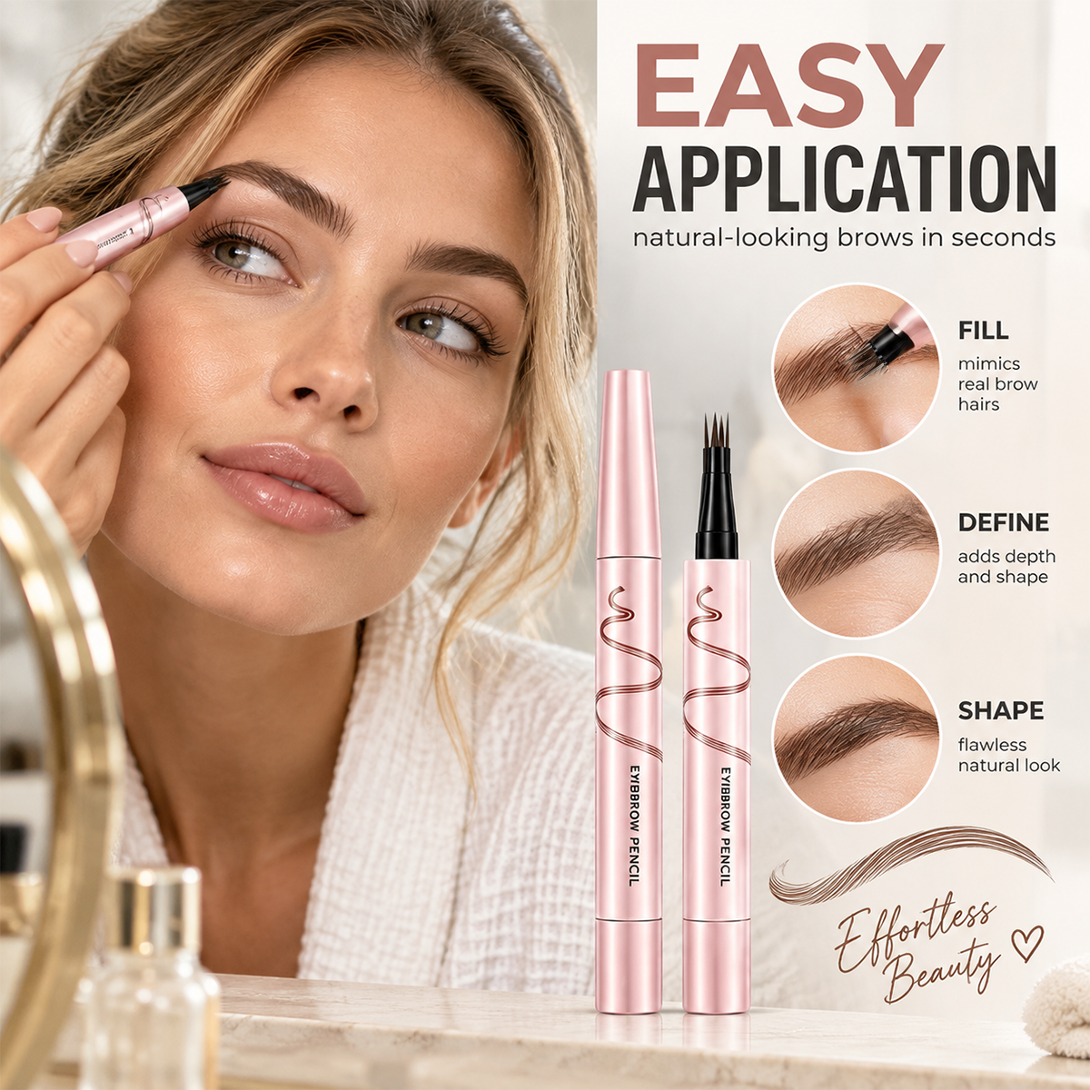 🔥🖤 Waterproof Eyebrow Pencil with 4-Prong Tip | Ultra-Fine Lines for Natural Hair-Like Effect 💗
