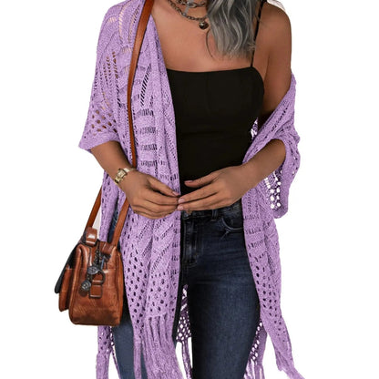 🌸Women’s Oversized Knit Cardigan – Lightweight Crochet Tassel Kimono for Spring & Summer