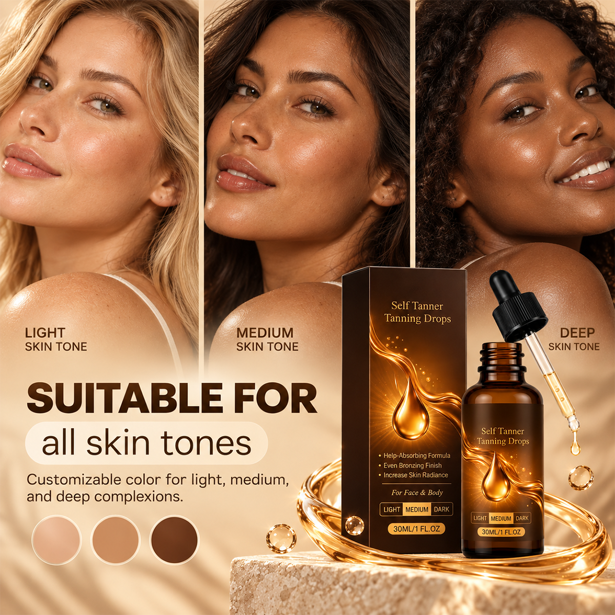 Sun‐Free Self‐Tanning Drops ☀️Get Natural Bronze Tan Without UV Exposure