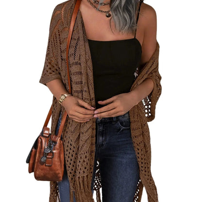 🌸Women’s Oversized Knit Cardigan – Lightweight Crochet Tassel Kimono for Spring & Summer