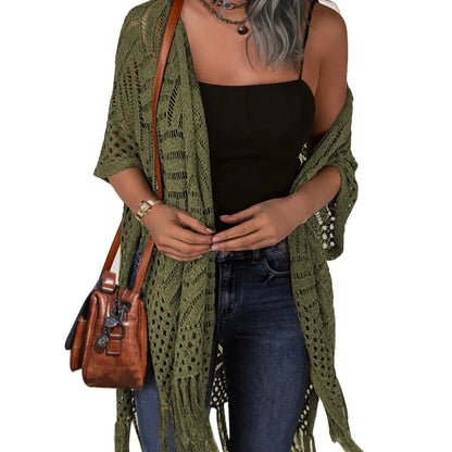 🌸Women’s Oversized Knit Cardigan – Lightweight Crochet Tassel Kimono for Spring & Summer