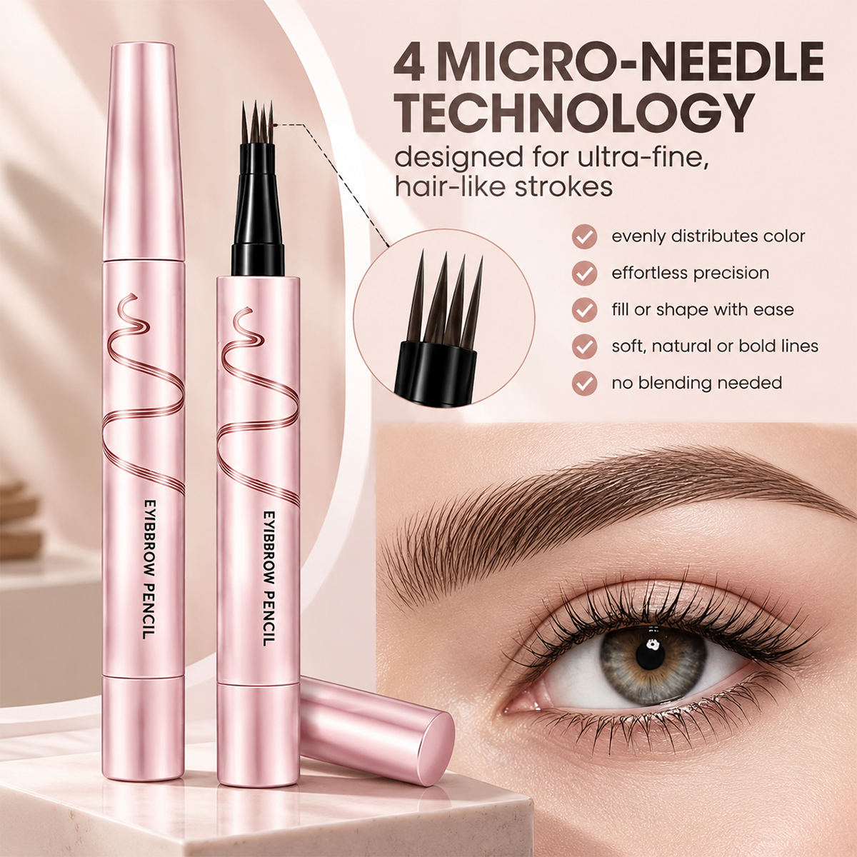 🔥🖤 Waterproof Eyebrow Pencil with 4-Prong Tip | Ultra-Fine Lines for Natural Hair-Like Effect 💗