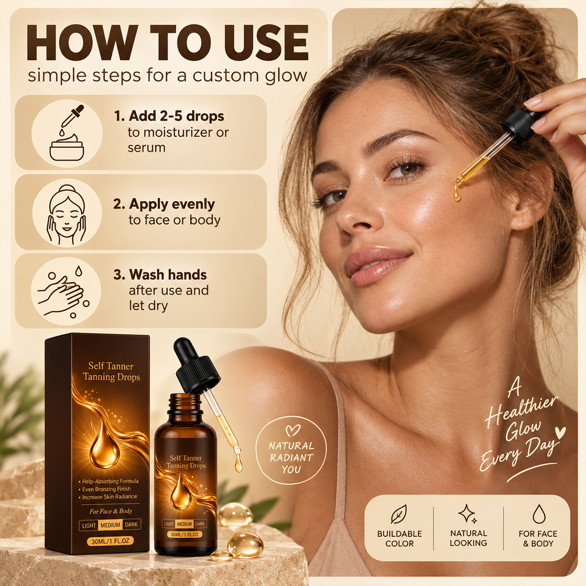 Sun‐Free Self‐Tanning Drops ☀️Get Natural Bronze Tan Without UV Exposure