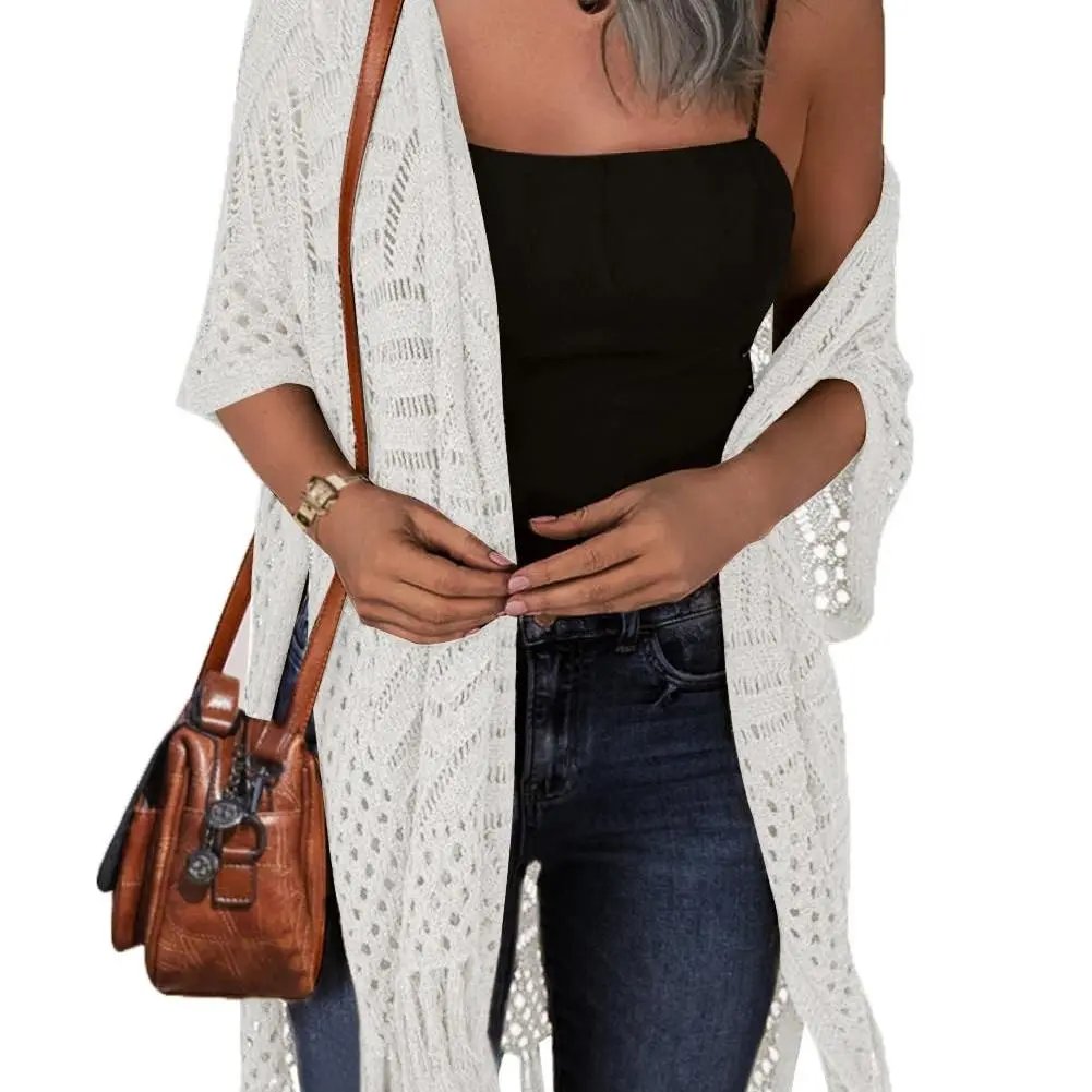 🌸Women’s Oversized Knit Cardigan – Lightweight Crochet Tassel Kimono for Spring & Summer