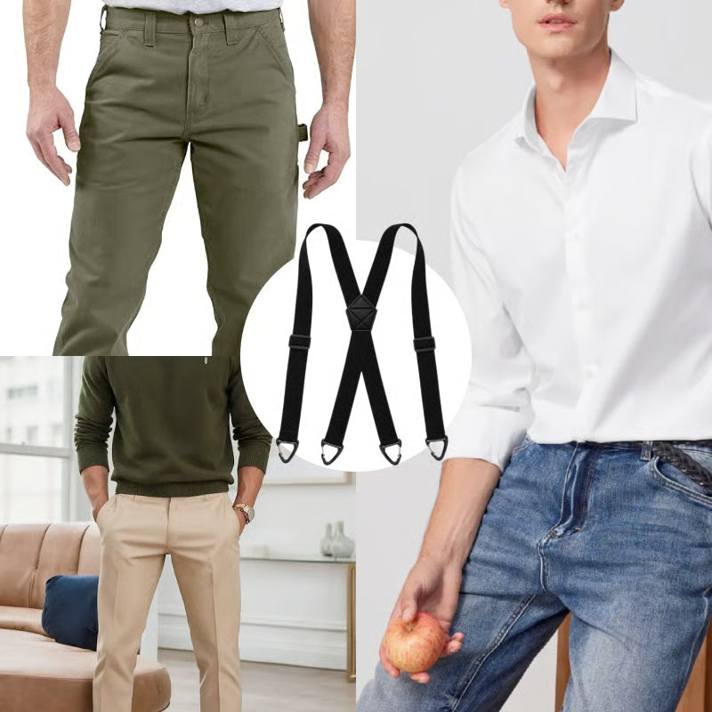 Men's 4-Clip Suspenders, X Type, Wide Suspenders, Men's Black, Leather, Suspenders
