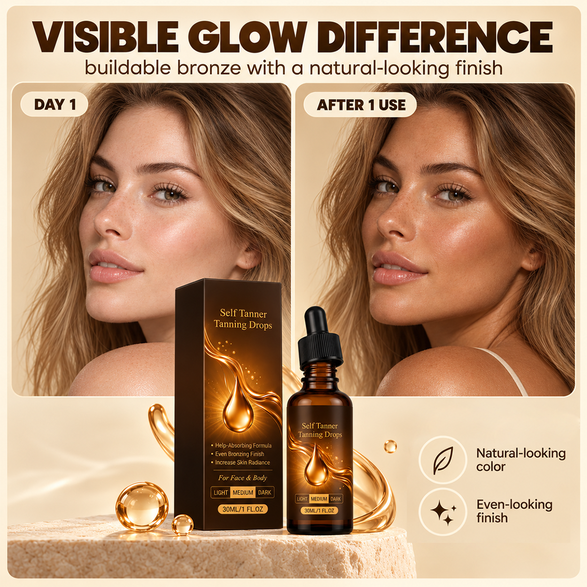 Sun‐Free Self‐Tanning Drops ☀️Get Natural Bronze Tan Without UV Exposure