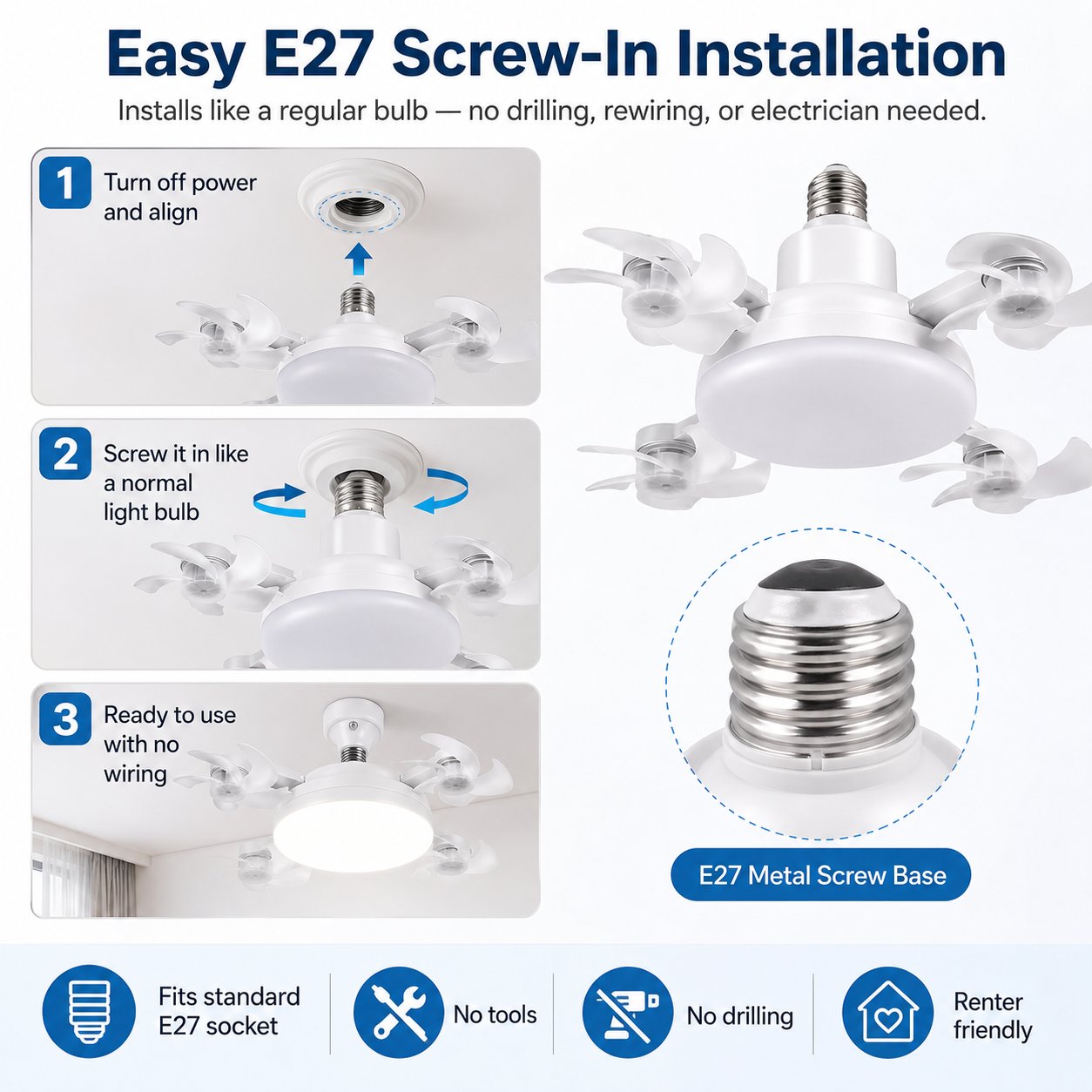 2026 New E27 Socket Ceiling Fan Light