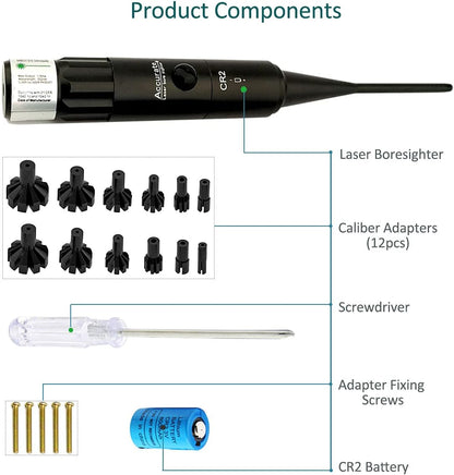 Laser Bore Sight Kit Multiple Calibers– Red & Green Dot Alignment Set for .177–12GA Compatible Firearms