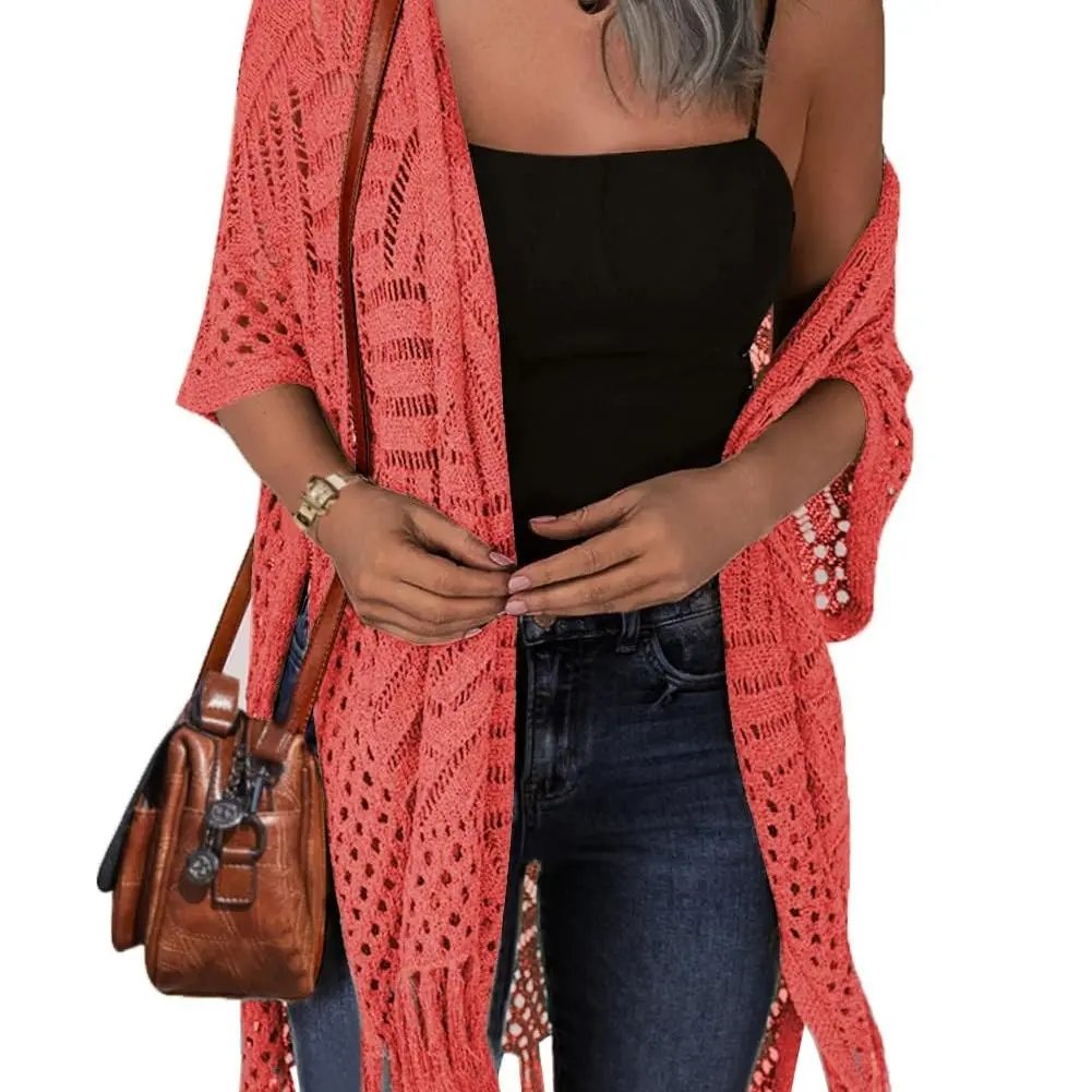 🌸Women’s Oversized Knit Cardigan – Lightweight Crochet Tassel Kimono for Spring & Summer
