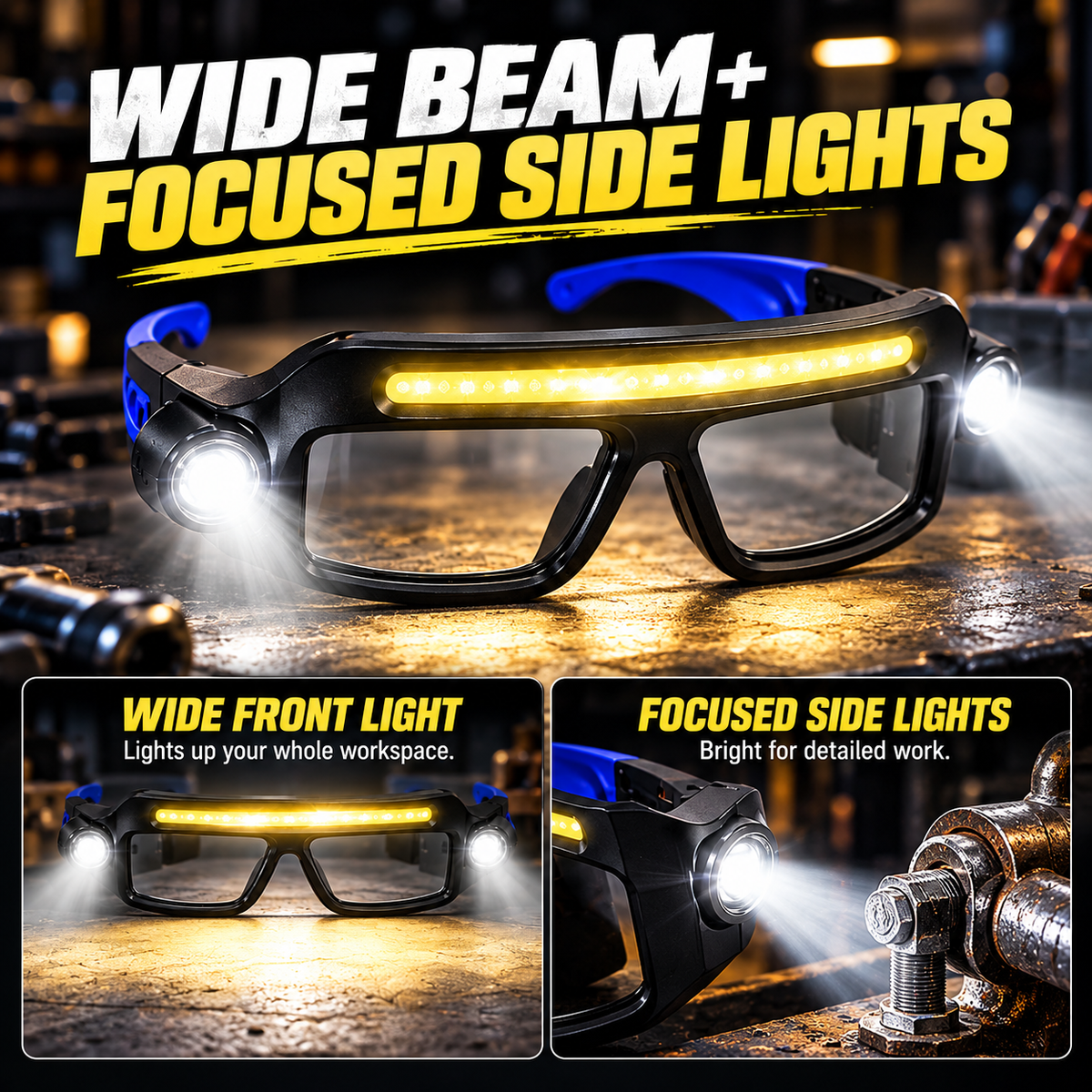 👓 Hands-Free LED Work Glasses – Wide Beam, Side Lights & Over-Glasses Fit