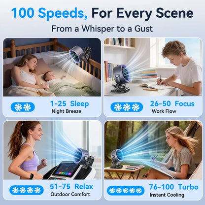 🌬️4000mAh Rechargeable Clip Fan｜100-Speed Touch Screen 360° Swivel Quiet USB Fan