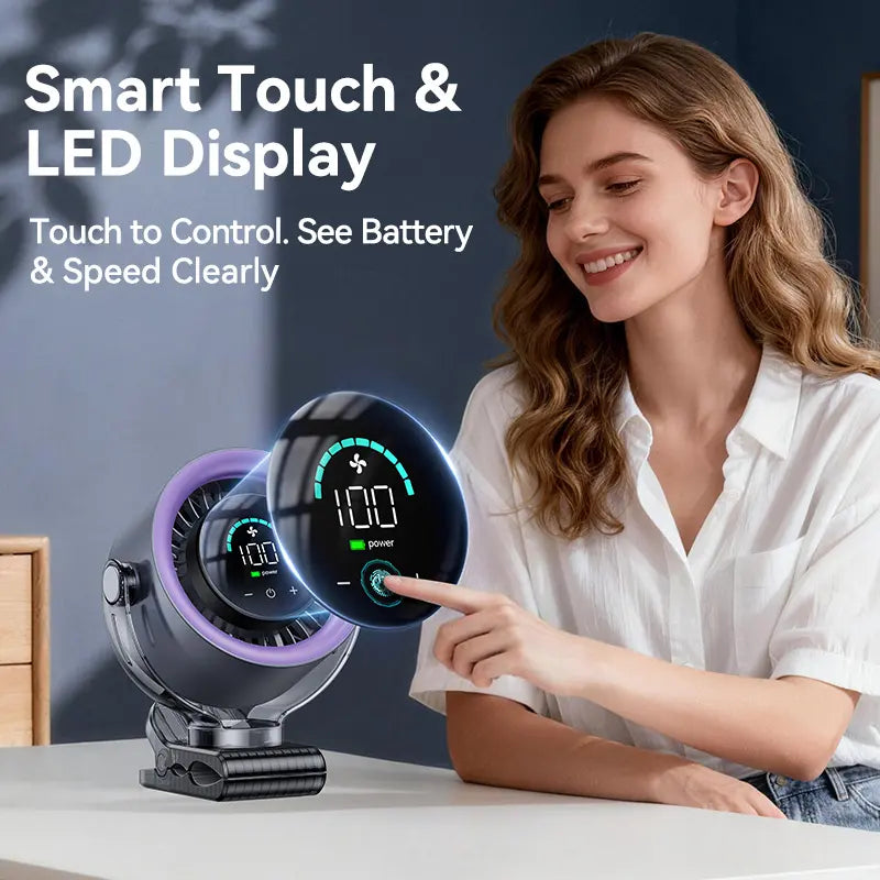 🌬️4000mAh Rechargeable Clip Fan｜100-Speed Touch Screen 360° Swivel Quiet USB Fan