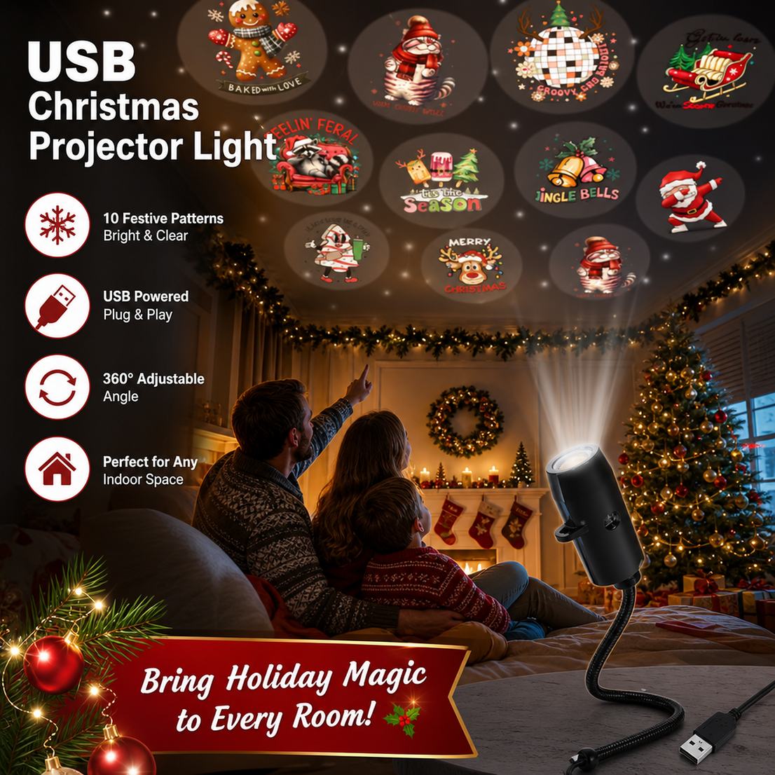 USB Christmas projector with multiple holiday scenes