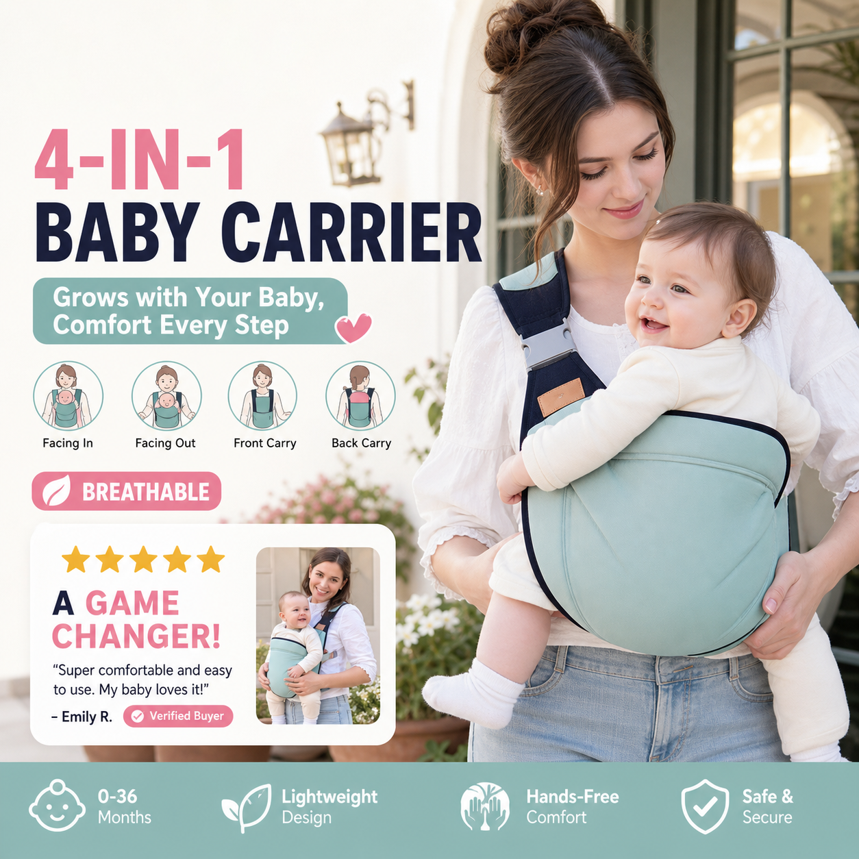 👶 4-in-1 Breathable Baby Carrier – 0–36M | Front & Back Carry | Hands-Free Comfort ✨
