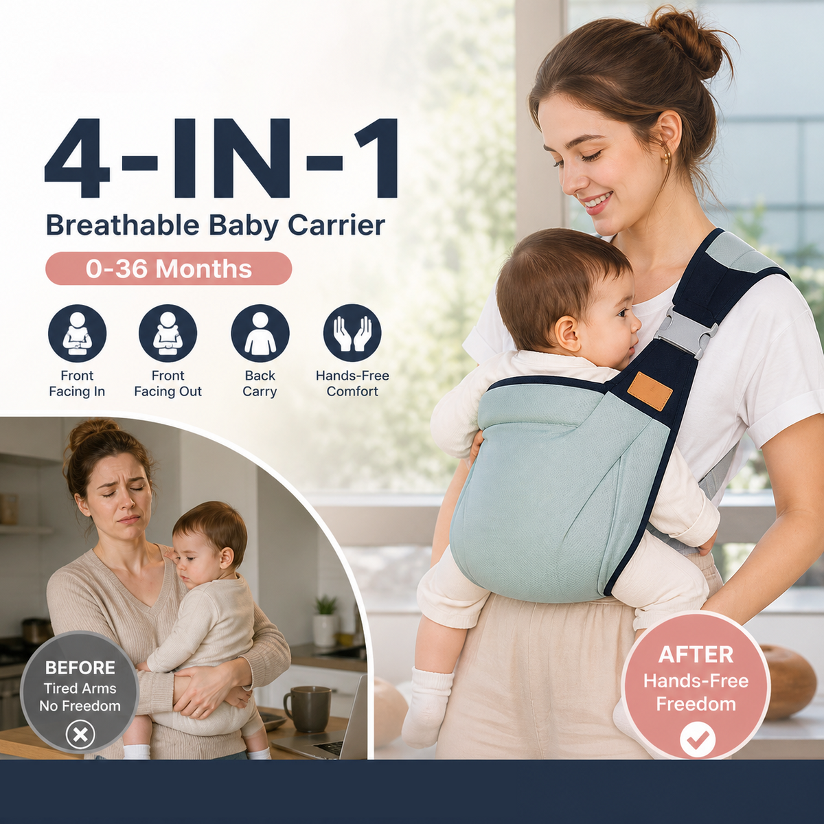 👶 4-in-1 Breathable Baby Carrier – 0–36M | Front & Back Carry | Hands-Free Comfort ✨