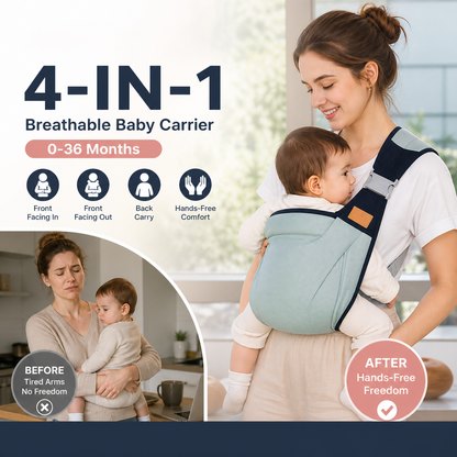 👶 4-in-1 Breathable Baby Carrier – 0–36M | Front & Back Carry | Hands-Free Comfort ✨