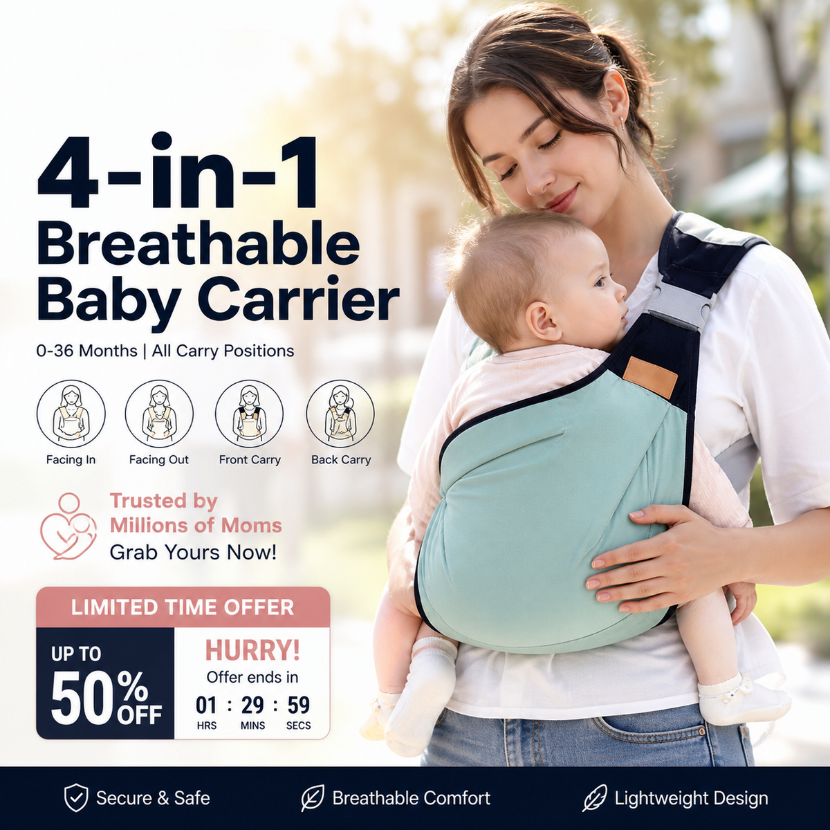 👶 4-in-1 Breathable Baby Carrier – 0–36M | Front & Back Carry | Hands-Free Comfort ✨