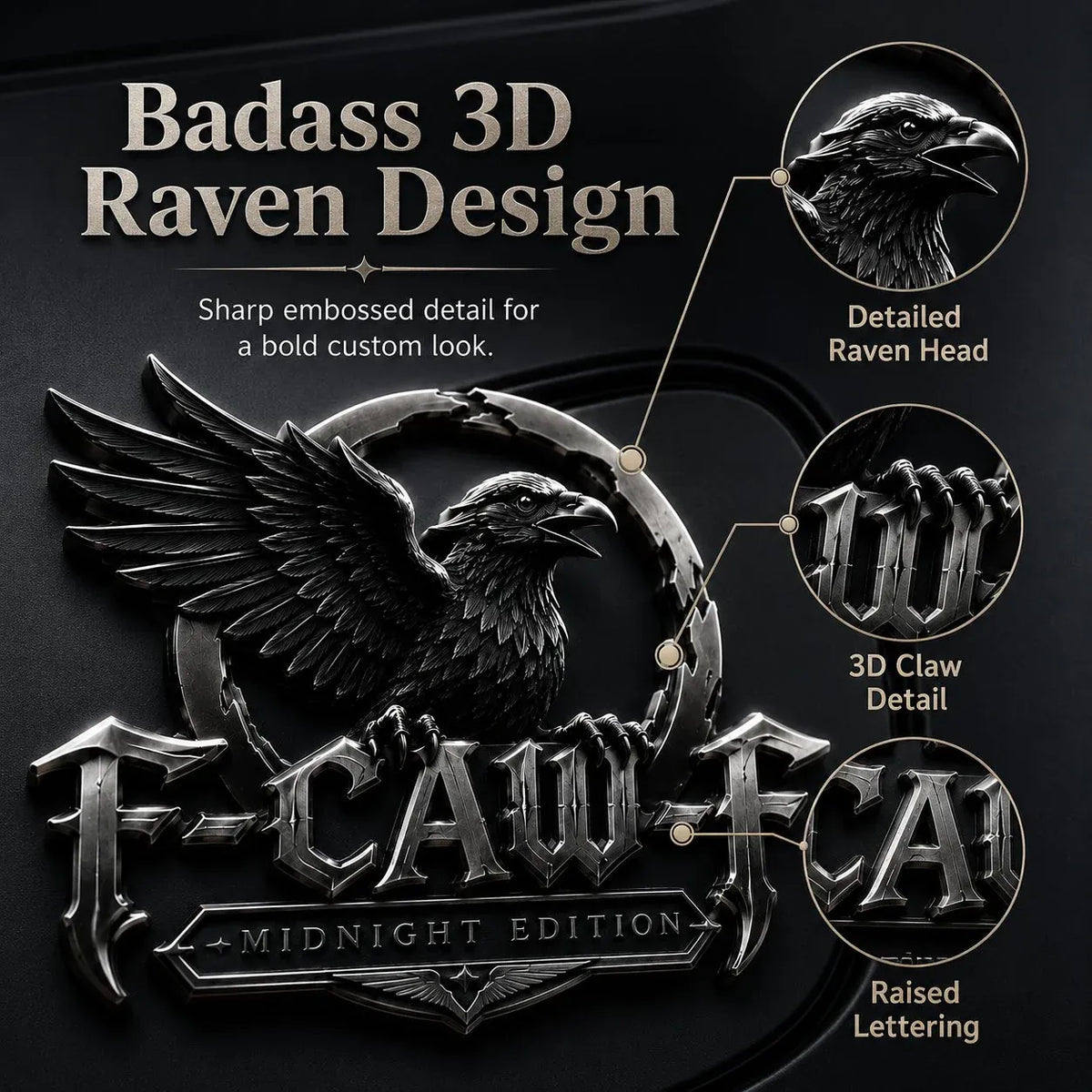 🦅 F-CAW-F Midnight Raven Metal Emblem - Premium Raven Badge For Drivers With Attitude