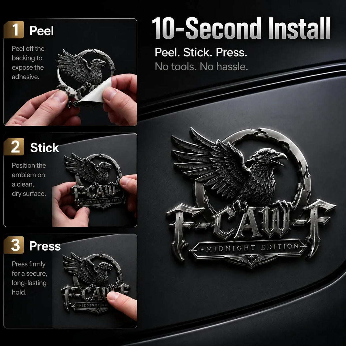 🦅 F-CAW-F Midnight Raven Metal Emblem - Premium Raven Badge For Drivers With Attitude