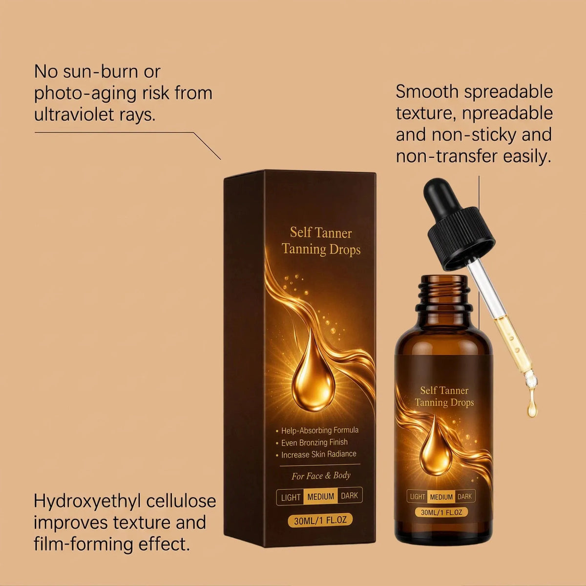 Sun‐Free Self‐Tanning Drops ☀️Get Natural Bronze Tan Without UV Exposure