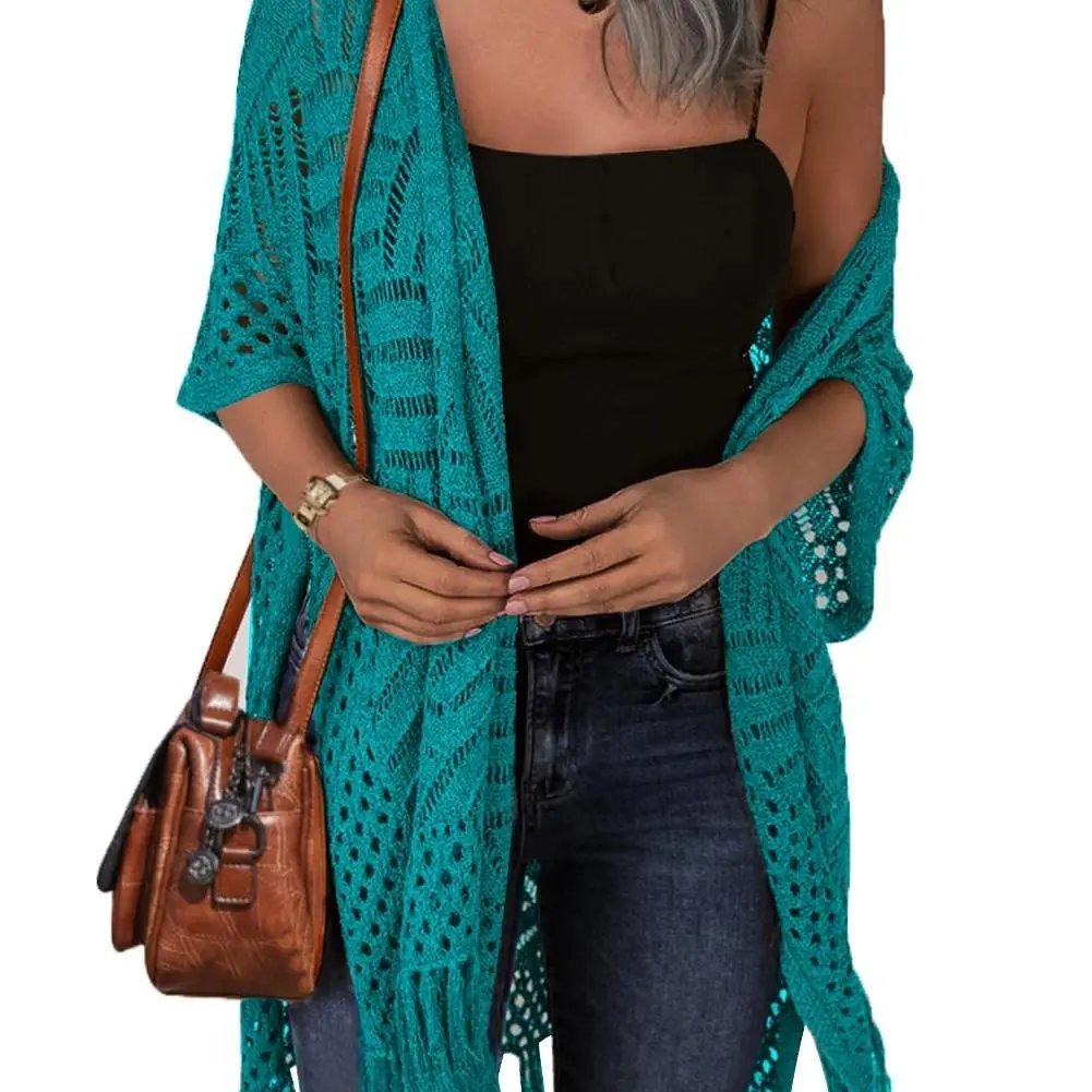 🌸Women’s Oversized Knit Cardigan – Lightweight Crochet Tassel Kimono for Spring & Summer