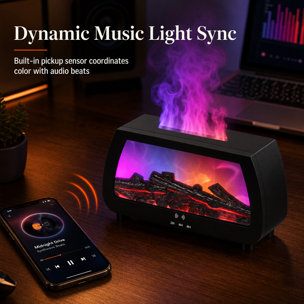 🔥💨 Fireplace Flame Humidifier – Aromatherapy Diffuser, Music Sync Light & Whisper Quiet 🌙
