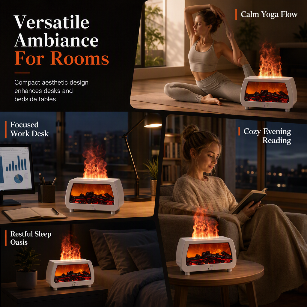 🔥💨 Fireplace Flame Humidifier – Aromatherapy Diffuser, Music Sync Light & Whisper Quiet 🌙